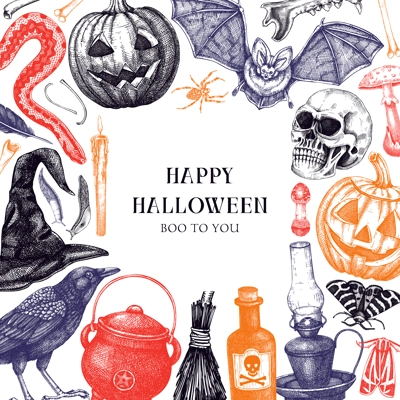 Halloween frame design. Hand drawn vector illustrations of Skull, bones, Halloween pumpkin, poisonous mushrooms, snakes, raven. Party invitation, flyer, card template in sketch style